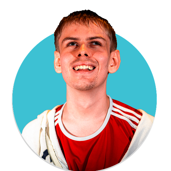 A vibrant bust portrait of Marshall Fairbrother inside a circular frame with a bright blue background. He is smiling with his chin raised in an uplifting and joyful manner, exuding confidence and positivity. The top of his head slightly extends beyond the frame, adding a playful 3D effect that makes him visually pop out. This dynamic composition enhances the sense of approachability and warmth, creating an engaging and friendly impression.