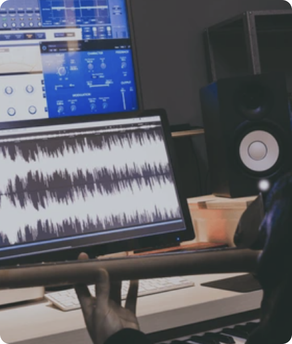 A musician holding a guitar in a modern music production studio